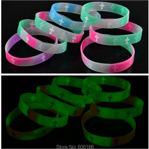 50x Cross glow in dark silicone Bracelet wristband Fashion Catholic Christian Religious Jewelry