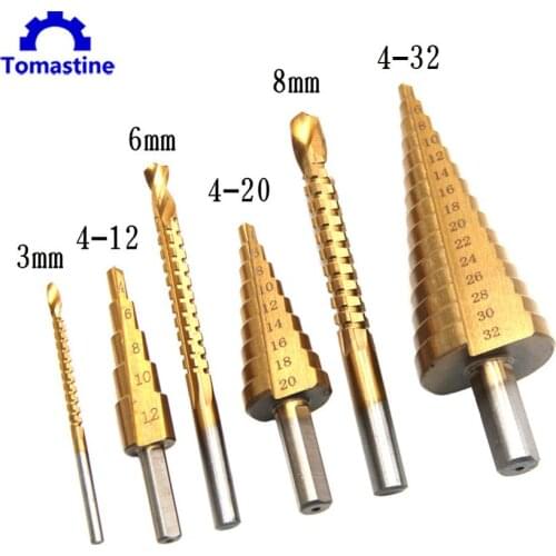 6 pcs Titanium Step Drill Bit Set 4-12/20/32mm Metal Hole Cutter Wood Cone Core Drilling Hole Saw Tool with 3,6,8 Saw Drill