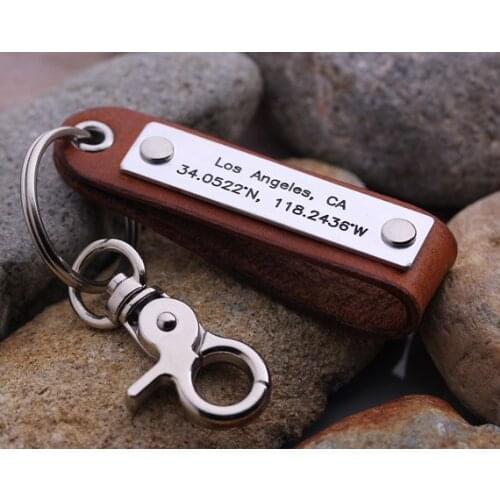 Custom Latitude Longitude keychain - Mens GPS Leather Keychain - Personalized Coordinates keychain - Custom With Any Words