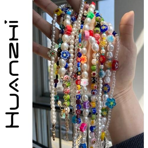 HZ New Transparent Flowers Bead Pearl Soft Pottery Irregular coloured glaze Flowers Pendant Chain Necklace For Girls Jewelry