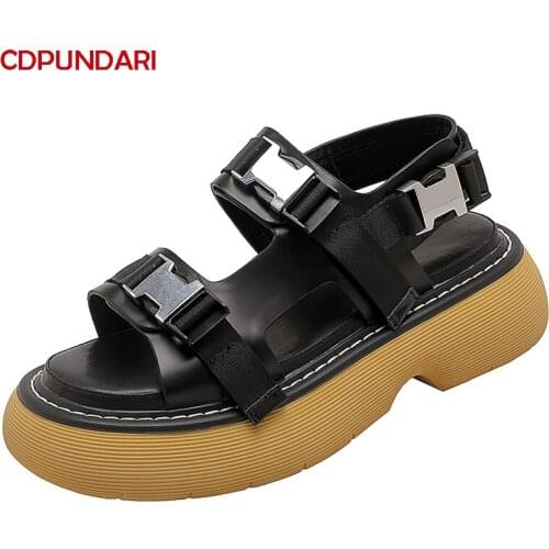 Black Genuine Leather Flat Platform Sandals Women Summer Casual Shoes Ladies Sandales Femmes été nouveau 2021 Sandalias Mujer