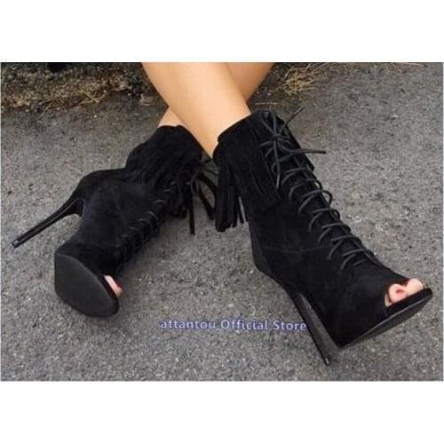 Black Suede Peep Toe Platform Thin High Heel Short Boots Woman Spring Autumn Heeled Tassel Ankle Boots plus size 46