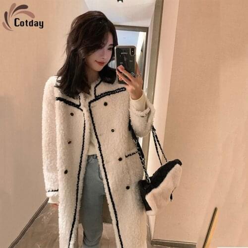 Cotday O Neck Lamb Fur Women Outerwear Color Contrast Button Temperament Winter Warm 2021 Fashion Good Quality Lady Fur Coat