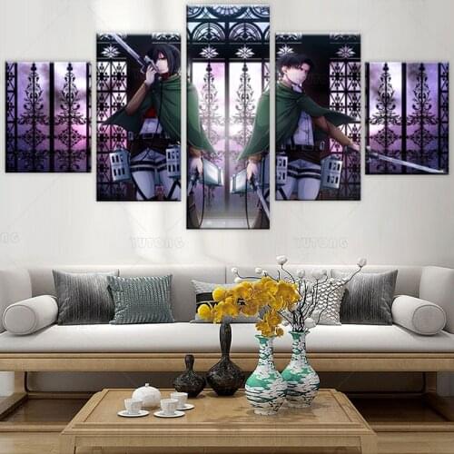 Decorative Anime Attack on Titan Posters Wall Art Pictures 5 Pieces Levi Ackerman Mikasa Ackerman Canvas HD Prints Paintings