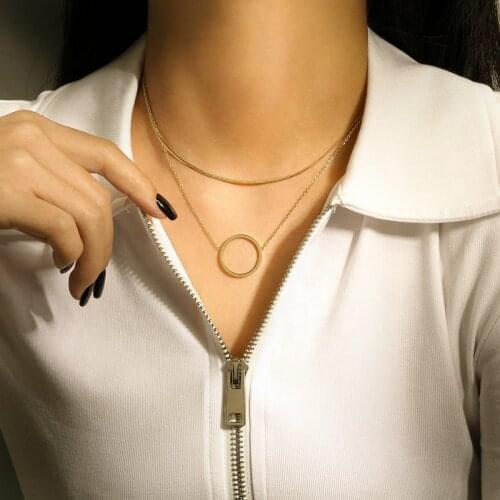 Double-layer soft snake chain Cross Chain Statement Necklace 14K Gold Plated Stainless Steel Circle Pendant Necklace