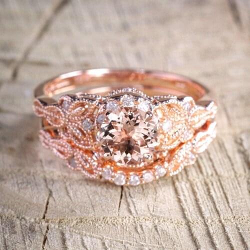 2Pcs/Set Engagement Wedding Ring Set For Women Rose Gold Leaf Flower Plate Rhinestone Romantic Bling Party Jewelry Anillos Mujer