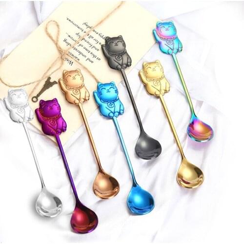 Creative Cute Luck Cat Honey Coffee Stirring Spoon 304 Stainless Steel Dessert Ice Cream Teaspoon For Tableware Kitchen Supplies