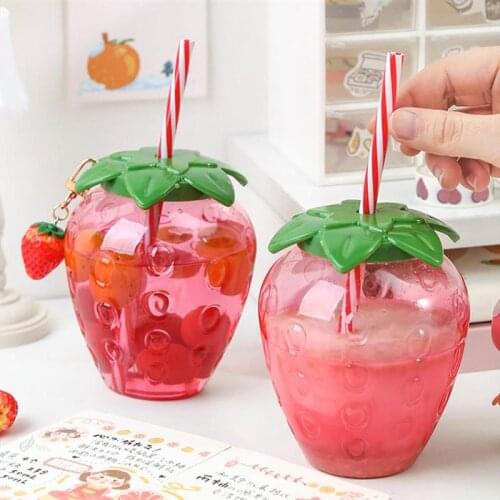 Summer Cartoon Kawaii Strawberry Straw Cup Plastic Cup Lovely Girl Milk Tea Coffee Cup Student Portable Water Cup Water Bottle