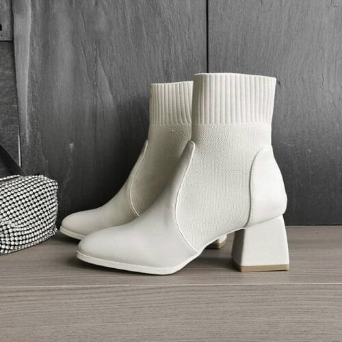 Autumn Winter Women Knitted Boots Stretch Socks Boots Square Toe Chunky Heel Boots Fashion Ankle Chelsea Boots