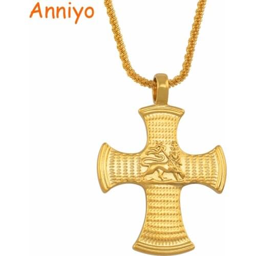 Annio Ethiopian Gold Cross With Lion of Judah Pendant Necklaces For Women Men Gold Color African Jewelry Eritrea #012916