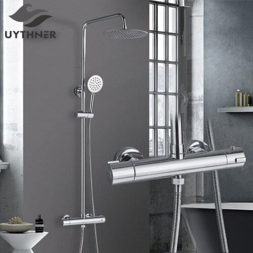Bathroom 10 inch Rainfall Shower Thermostatic Mixer Set Bath Shower Swivel Faucet Chrome Hot and Cold Water Shower Wall Mounted