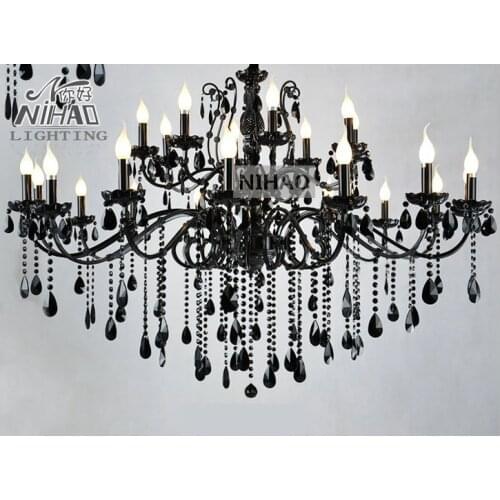 Vintage Black 24 Arms Chandelier Crystal Light Fixture Large American Princess Wrought Iron Lustre Hanging Lamp MD2520 L24