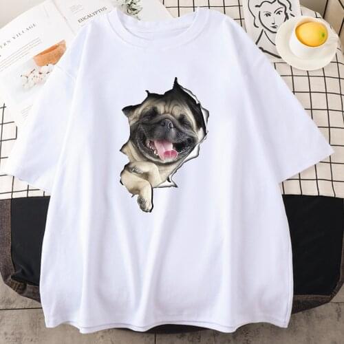 Laughing Pug Dog Cute Animal Print Womens T-shirt Casual Style Clothing Short Sleeved T shirts Fashion Loose Womens T shirt