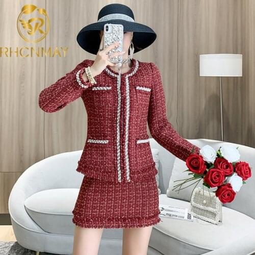 Fashion Luxury Autumn Winter Women 2 Piece Set 2020 Runway Pearl Beading Tassel Thick Red Tweed Jacket Coat + Pencil Skirt Set