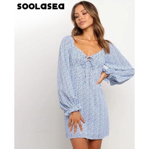 Soolasea 2021 New Elegant Floral Print Short Dress Women V-neck Long Sleeve Tie Up Holiday Dress Spring Autumn Dress Vestidos