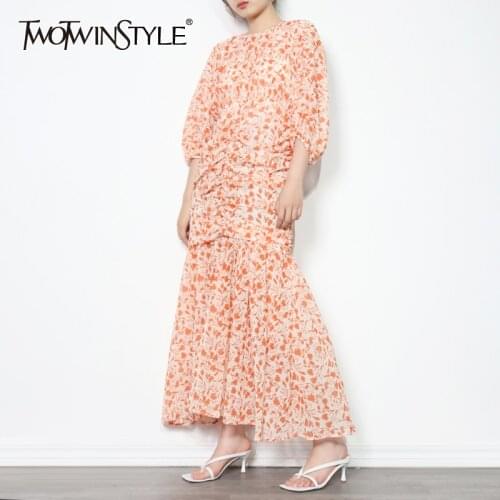 TWOTWINSTYLE Ruched Floral Print Dress For Women Round Collar Lantern Sleeve High Waist Hit Color Dresses Female Fashion New