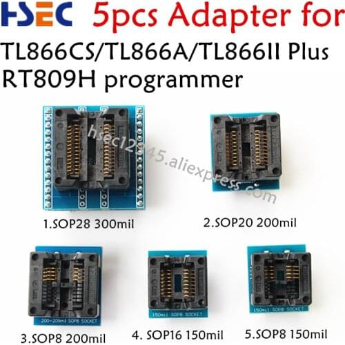 5PCS Adapters Socket Kit SOP28+SOP20+SOP16+SOP8 Adapter for TL866CS TL866A TL866II Plus EZP2010 EZP2013 RT809F RT809H Programmer