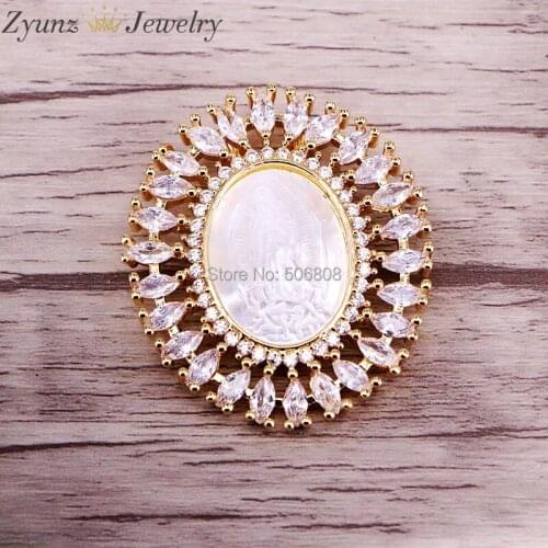 5PCS ZYZ328-1996 Gold Color Copper With Cubic Zirconia And Mary of Virgin / Jesus Shell Oval Pendant Fashion Jewelry CZ
