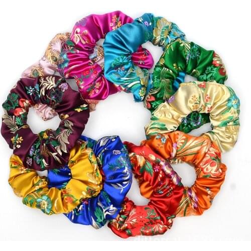 9pieces/set Chinese Satin Hair Scrunchies Embroidery Dragon Phoenix Floral Ponytail Holders Bobbles Elastic Hair Bands Ties