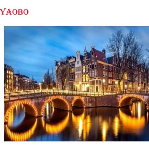 Diy 5D Diamond Painting Cross Stitch Avond in Amsterdam Picture Full Drill Square European Town Diamond Embroidery Mosaic Decor