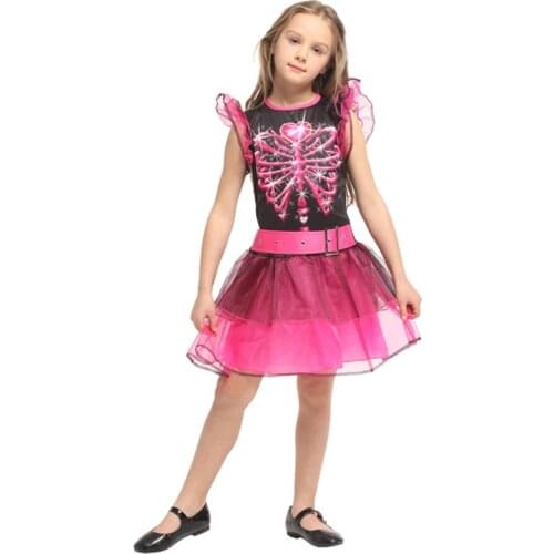 Kids Child Girls Pink Bones Skeleton Costume Halloween Mardi Gras Dia de los Muertos Day of the Dead Fancy Dress Sleeveless