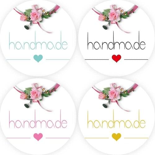 DouxArt 100 Pieces Handmade with Heart Stickers Labels, 4cm Colorful Flowers Wedding Communion Baptism Labels Envelopes Seals