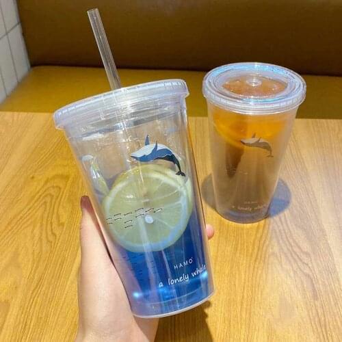 Whale pattern Double-walledIce PlasticIced Water Cup With Straw Water Bottle Reusable Tumbler Cold Drink 450ML Mug Juice