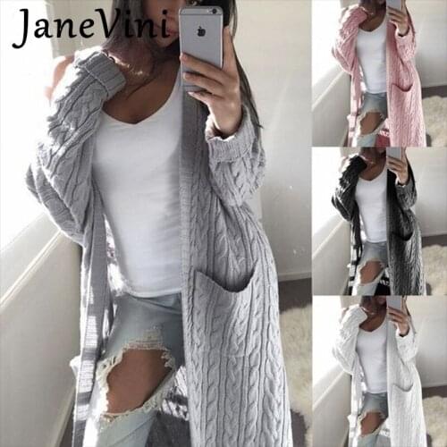 JaneVini Elegant Long Cardigan Sweater Womens Pockets Autumn Winter Warm Knitted Sweater Coat Female Full Sleeve Loose Sweaters