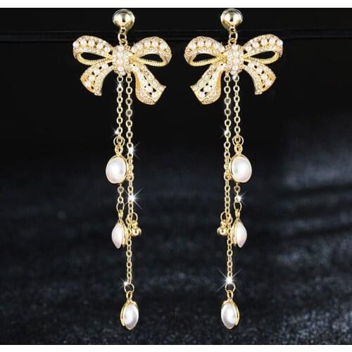 HUAMI 2021 New Bowknot Drop Earrings Costume Jewelry for Women Fine Accessories Tassels Earrings Pearl Unusual 925 Silver Needle