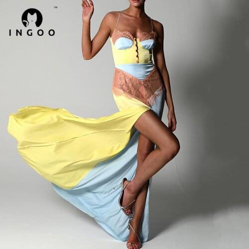 INGOO Elegant Lace Patchwork Party Dress Women 2021 Diamond Strap Sexy Breasted High Split Backless Maxi Dresses Slim Clubwear