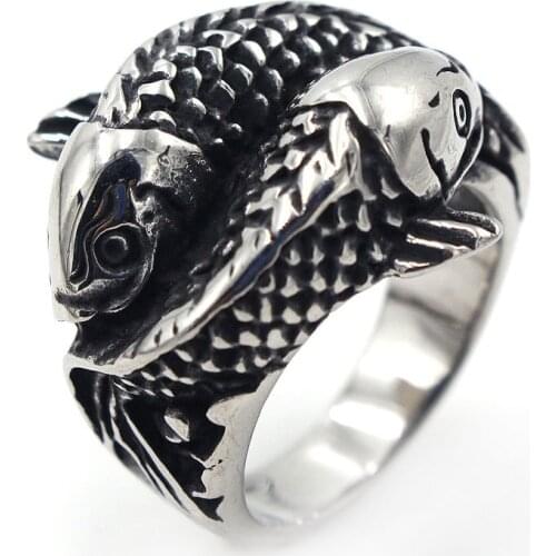 AsJerlya Cool Men Punk Rings 316L Titanium Stainless Steel Double Fishes Cock Rings for Stylish Male Party Finger jewelry 7-13