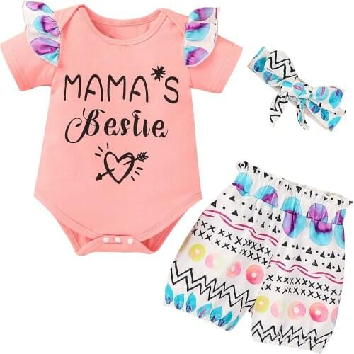 Lioraitiin 0-18M Infant Baby Girl 3Pcs Summer Clothing Set Letter MAMA Printed Romper Pink Top Shorts Headband