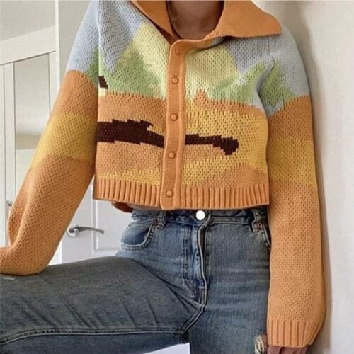 Sunshine Print Short Knitted Sweater Women Single Breasted Loose Cardigans Female Autumn Vintage Sweet Ladies Fashion Sweaters