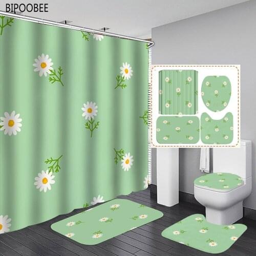 White Flowers Pattern Bathroom Curtain Green Bath Mat Set Non-Slip Pedestal Rug Toilet Lid Cover Mats Shower Curtains with Hooks