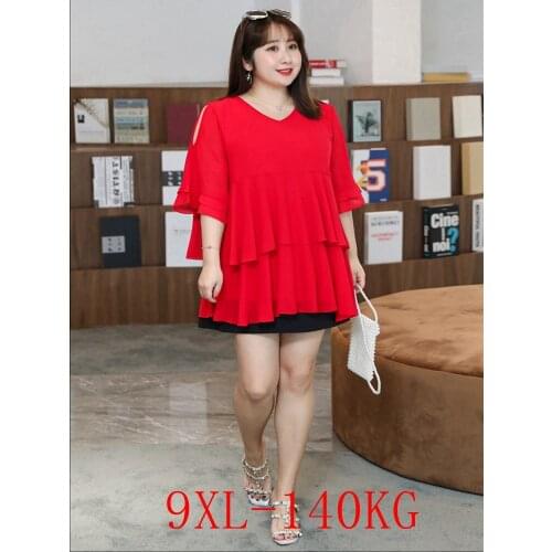 Summer plus size strapless T-shirt 4XL-9XL ladies V-neck trumpet sleeve chiffon pure color temperament T-shirt Bust 145CM