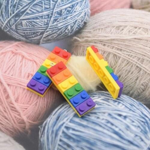 2pcs Hot Handmade Rainbow Building Blocks Necklace Charms Pendant Findings Hip Pop Earring Key Ring Jewelry Making DIY Decor