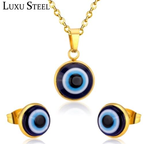 LUXUSTEEL Women Earring And Necklace Sets Stainless Steel Lucky Blue Eyes Pendant Necklace Earring Dubai Gold Jewellery Set Gift