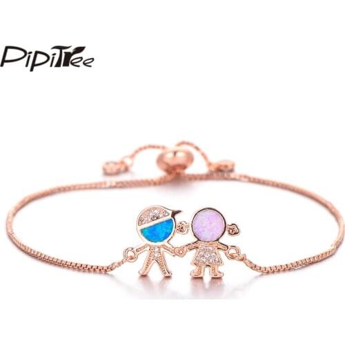 Pipitree Trendy Blue and Pink Opal Bracelet Cubic Zirconia Figure Boys and Girls Charm Bracelets Family Jewelry for Women Lovers