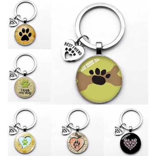 Fashionable And Cute Animal Paw Print Keychain Cat And Dog Glass Pendant Mini Heart Key Ring Car Key Men And Girls Favorite Gift