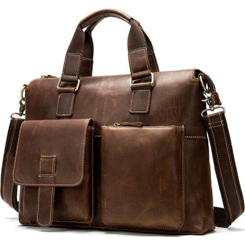Men Briefcase Genuine Leather Bag Vintage Casual Handbag Men Briefcases Mens Multifunctional Laptop Crossbody Shoulder Bag