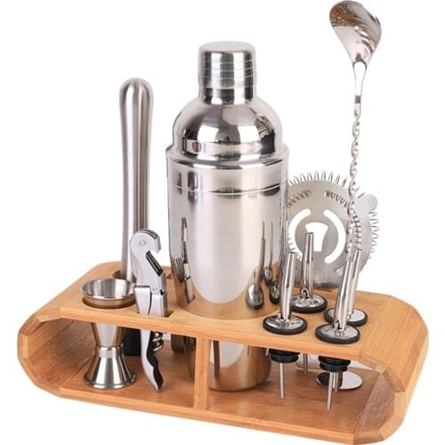 12-Piece Stainless Steel Cocktail Shaker Set With Oval Wooden Stand Base Bar Shaker Drink Mixer Set Bar Set Tool