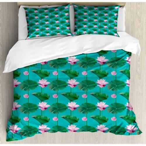 Blue and Pink Duvet Cover Set Graphic of Lotus Flowers and Leaves 3 Piece Bedding Set Sea Blue Baby Pink Magenta and Forest