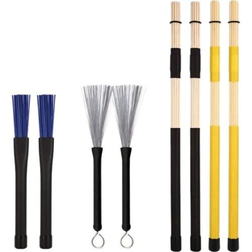 Drum Sticks Brushes Kit - 1 Pair Metal Drush Brushes,1 Pair Nylon Brushes,2 Pair Brushes Sticks,for Percussion,Jazz,Etc