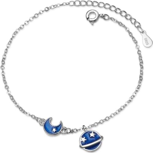 Simple student style creative sweet drop glaze fresh blue planet moon female models silver plated bracelets JO068