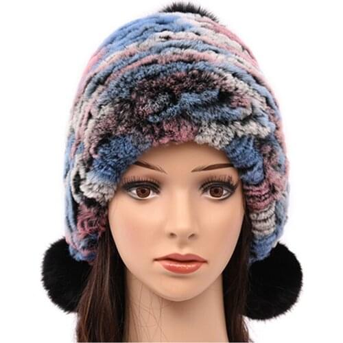 TopFurMall) Multi Color Genuine Knitted Rabbit Fur Bomber Hats Pom Poms Winter Warm Caps Fashion Ear Protector Headgear LF6000