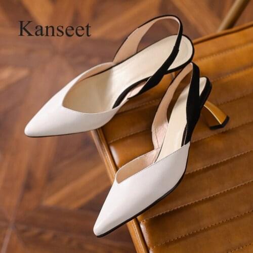 Kanseet Womens Sandals 2021 New Summer High Quality Patchwork Genuine Leather Female Shoes Special-Shaped Heels Women Sandals