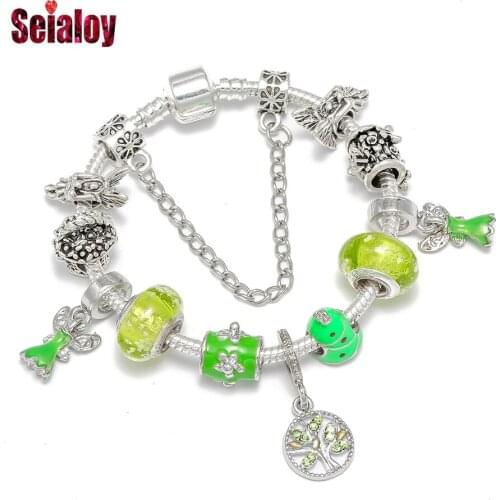 Seialoy New Green Tinker Garden Charm Bracelets For Women Girls Original Butterfly Flower Beaded Bangle Party Jewelry Gift