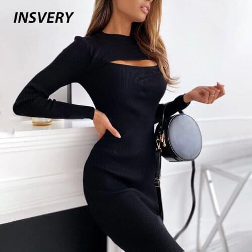 Sexy Party Dress Women Elegant Long Sleeve Knitted Short Sleeve Slim Wrap Solid Bodcon Women Dress 2021 Hollow Out Lady Dress