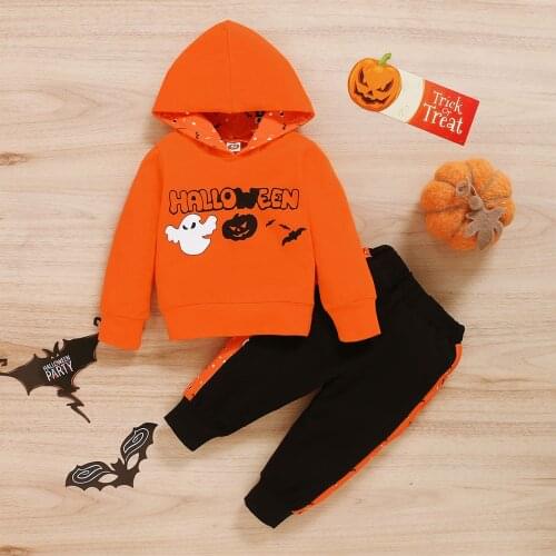 2Pcs Kids Halloween Tracksuit Letters Hooded Long Sleeve Sweatshirt + Splicing Casual Pants Outfit for Boys Girls 1-4 Years