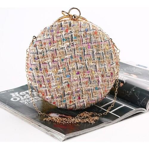 Handmade Wool Plaid Evening Bag Big Ring Handbag Women Vintage Elegant Ladies Circular Clutches Bag Phone Wallet Shoulder Bag